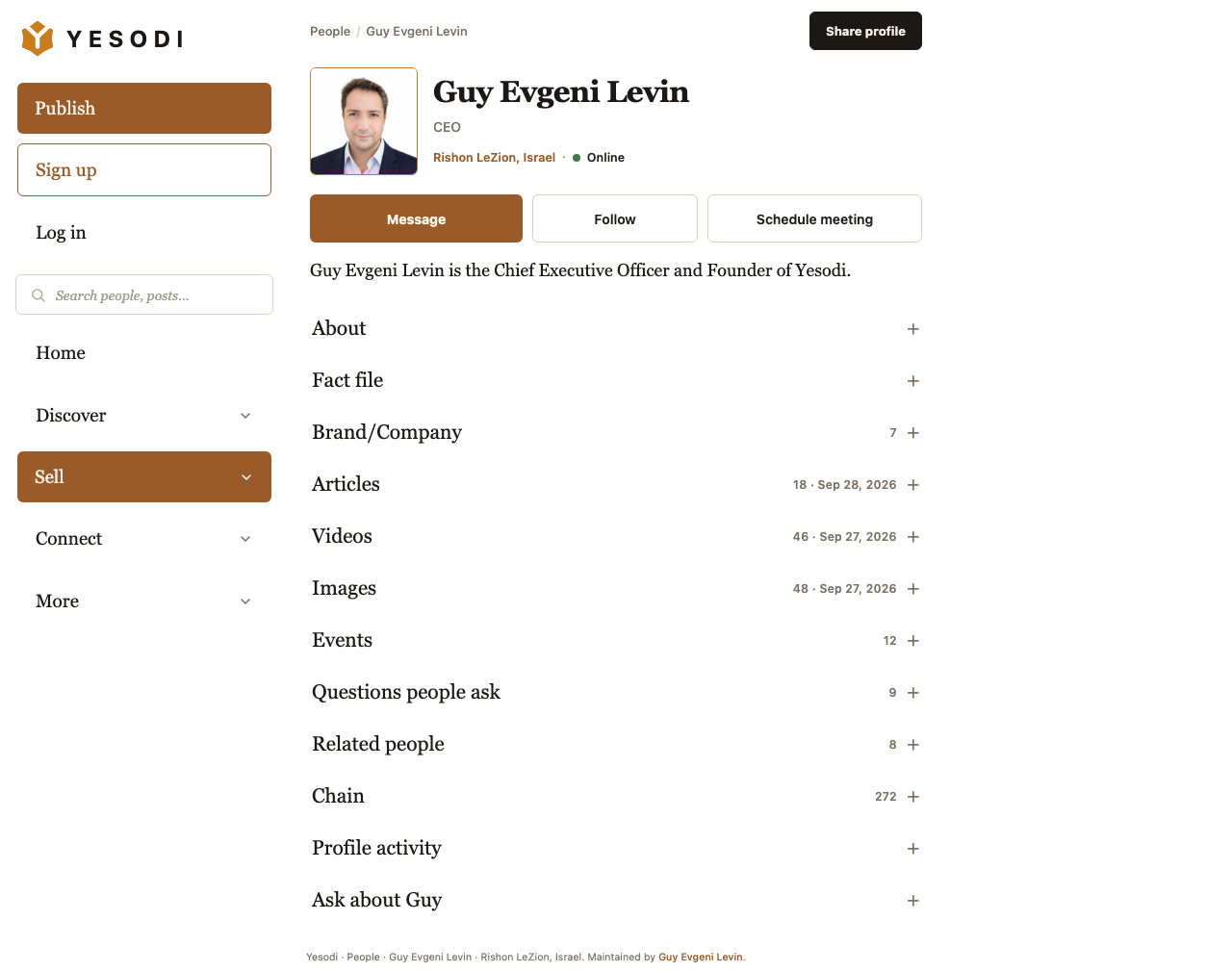 A real, complete Yesodi profile with header, contact actions and sections for About, articles, videos, images and network